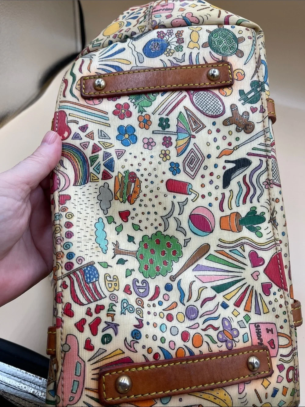 Dooney & Bourke Cream Multicolor Doodle-Print Tote with Brown Trim